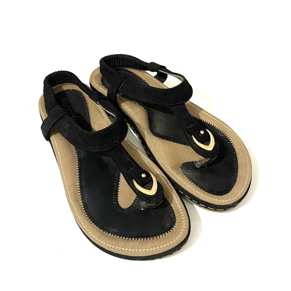 Socofy Black & Gold Thong Slingback Sandals Women’s Comfort Boho Strappy Size 7
